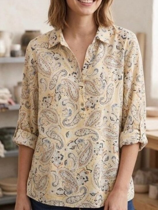 J. Jill Tops - J. Jill Yellow Paisley Roll Tab Sleeve Blouse Large